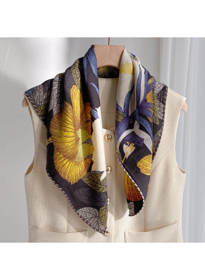 Handmade Silk & Wool Scarf, Botanical Floral Flower Print Pattern