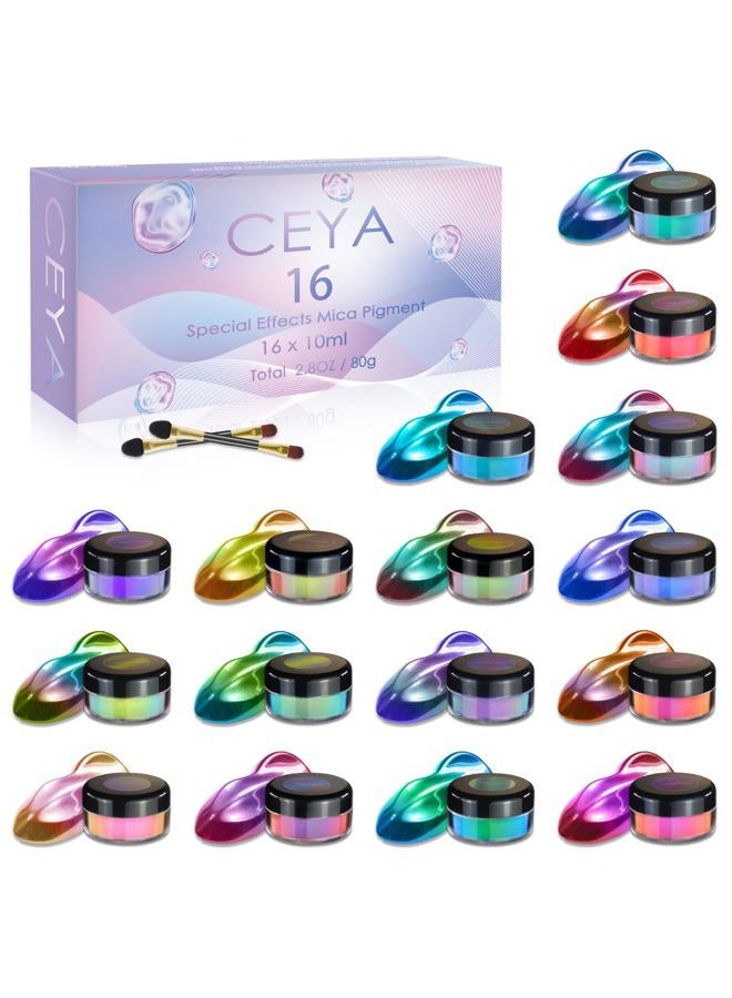 Ceya Chameleon Mica Powder Set 16 Colors, 2.8oz/ 80g Chrome Powder, Cosmetic Grade Pearlescent Effect Color Shift Pigment for Epoxy Resin, Soap Dye, Candle Making, Nail Art, Makeup, Slime, Paint - Image 1