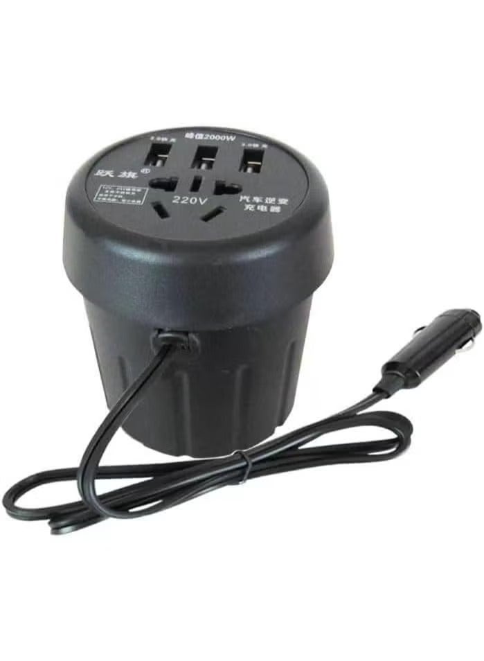 Car Power Inverter, with 3 USB Ports, Black - Image 1