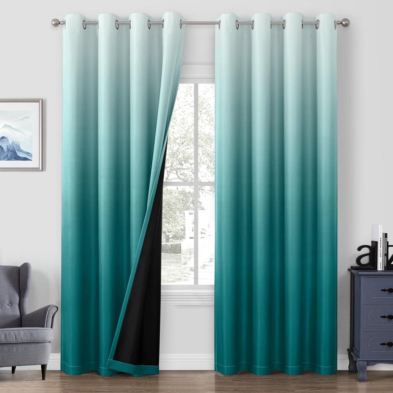 HOMEIDEAS 100% Teal Ombre Blackout Curtains for Bedroom, Room Darkening Curtains 52 X 84 Inches Long Grommet Gradient Drapes, Light Blocking Thermal Insulated Curtains for Living Room, 2 Panels - Image 1