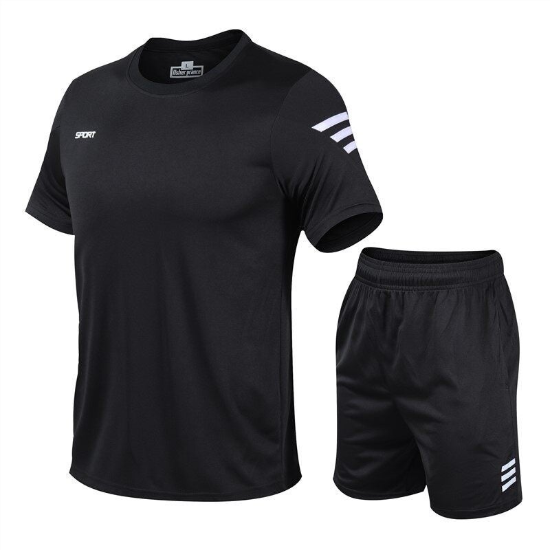 Mens Sport Suit Summer Fitness Short Sleeve T-Shirt Quick Dry Loose Fit Casual Running Vest Plus Size Black  - Image 1
