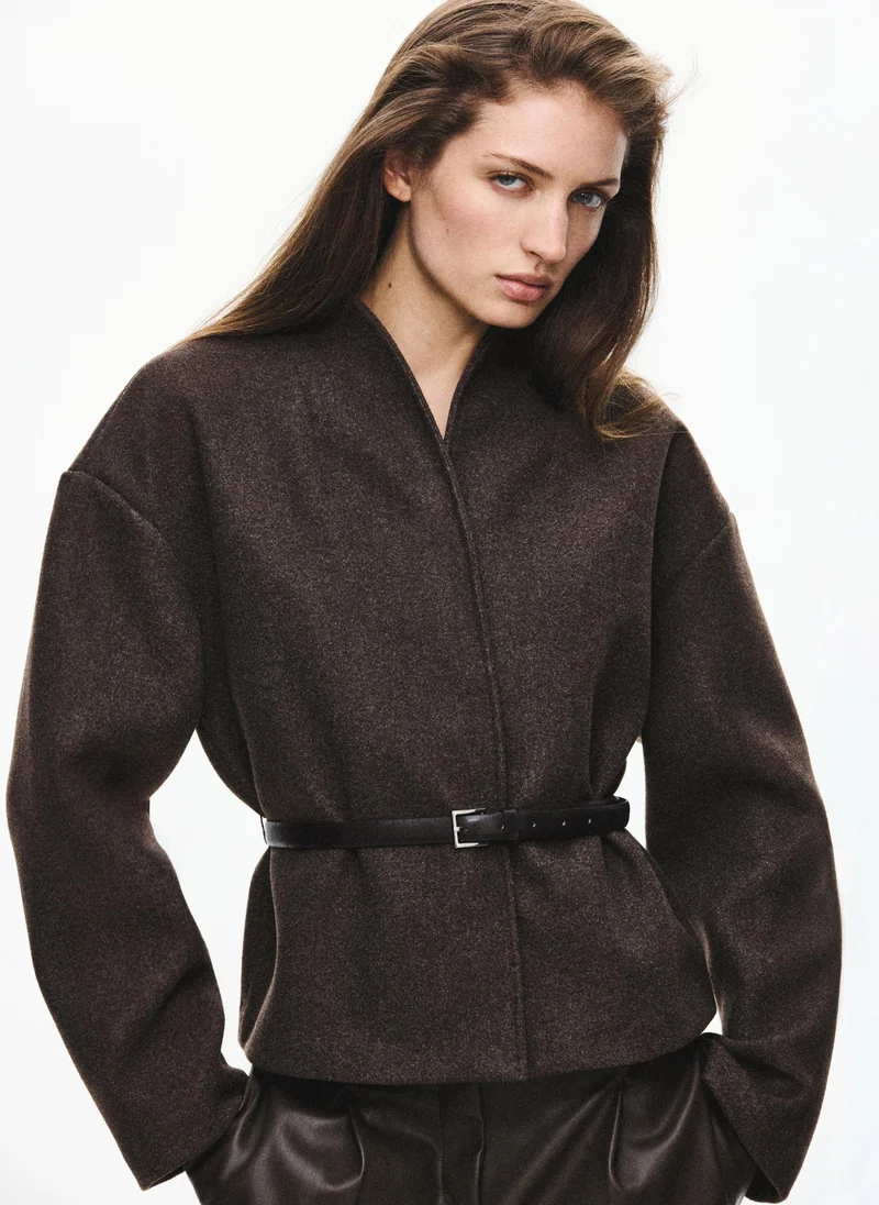 Mango Jacket With Stand-Up Collar And Belt