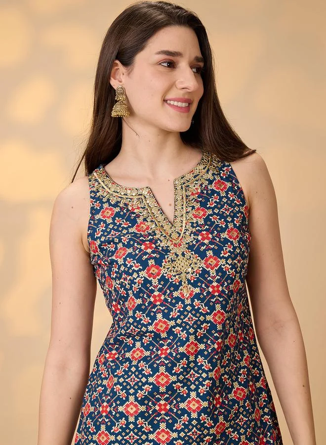 Globus  Women Navy Blue Embroidered Kurti with Palazzos Co-Ords for Women | Best Price UAE