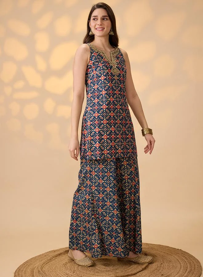 globus Women Navy Blue Embroidered Kurti with Palazzos Co-Ords