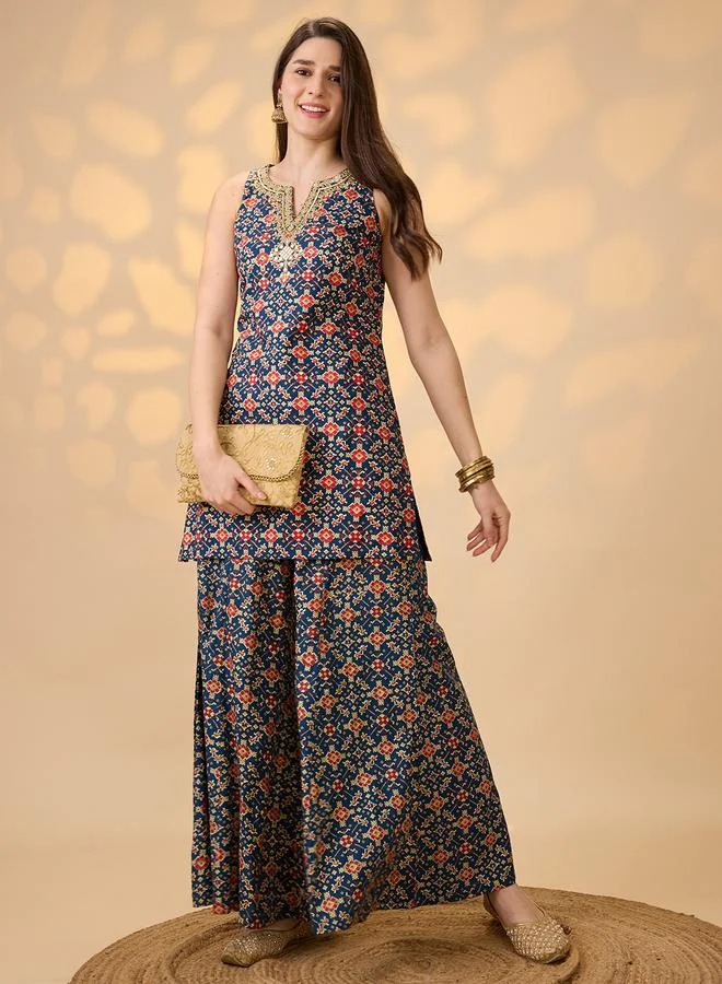 globus Women Navy Blue Embroidered Kurti with Palazzos Co-Ords