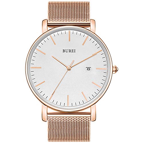 BUREI Men Watches Fashion Minimalist Waterproof Watches for Men Women Student,White Rose Gold - Image 1