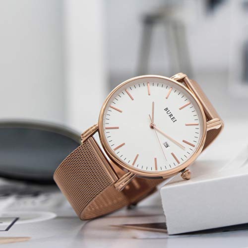 BUREI Men Watches Fashion Minimalist Waterproof Watches for Men Women Student,White Rose Gold - Image 4