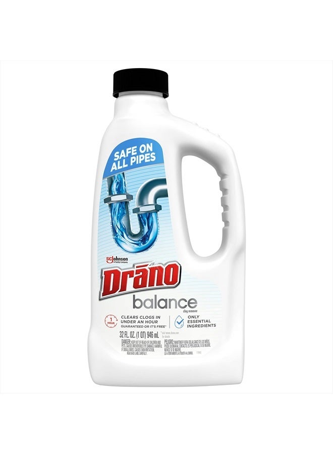 Drano Balance Drain Clog Remover and Cleaner, Non-Corrosive Formula, Safe on All Pipes, Formulated Using Only Essential Ingredients, 32 Fl Oz - Image 1