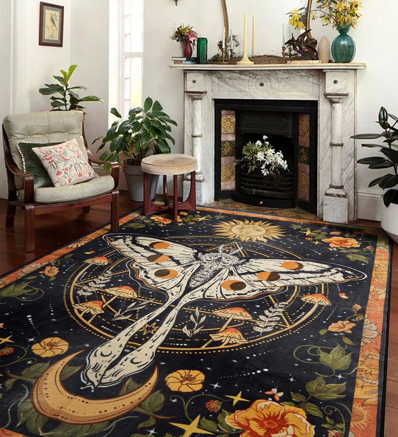 Ouyattle Washable Mystical Luna Moth Rugs Ultra Thin, Boho Moody Black Floral Aesthetic Living Room Rugs Vintage Hippie Celestial Aesthetic Bedroom Rug, Retro 6x9 Area Rug Carpet for Dining Room Dorm - Image 2