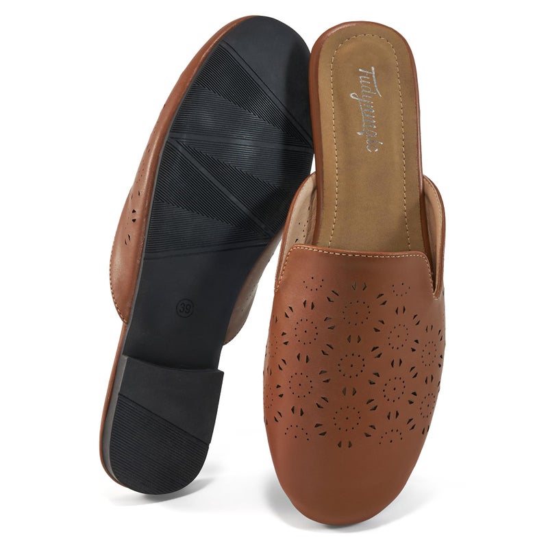 FUDYNMALC Mules for Women Flats Comfortable Round Toe Womens Mules Shoes Breathable Slip On Backless Slide Loafers for Women Brown - Image 1