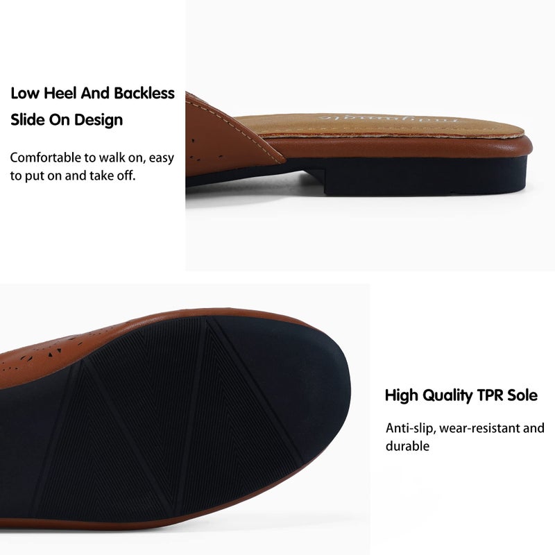 FUDYNMALC Mules for Women Flats Comfortable Round Toe Womens Mules Shoes Breathable Slip On Backless Slide Loafers for Women Brown - Image 5