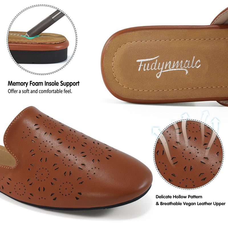 FUDYNMALC Mules for Women Flats Comfortable Round Toe Womens Mules Shoes Breathable Slip On Backless Slide Loafers for Women Brown - Image 3