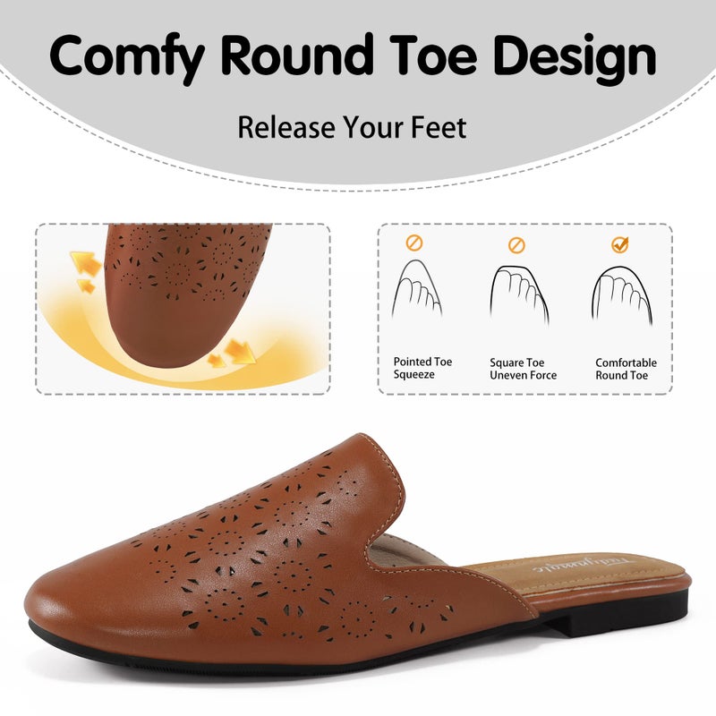 FUDYNMALC Mules for Women Flats Comfortable Round Toe Womens Mules Shoes Breathable Slip On Backless Slide Loafers for Women Brown - Image 4