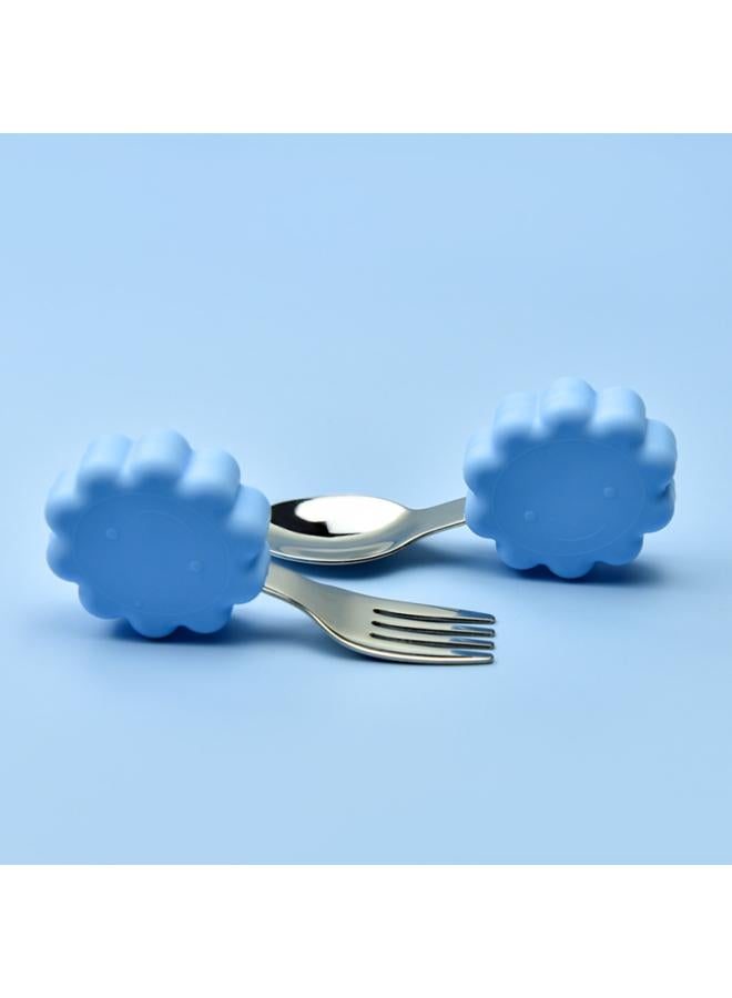 Hippo Baby Baby Learning To Eat Training Fork Spoon Short Handle Stainless Steel Tableware Children's Silicone Complementary Food Complementary Food Fork Spoon