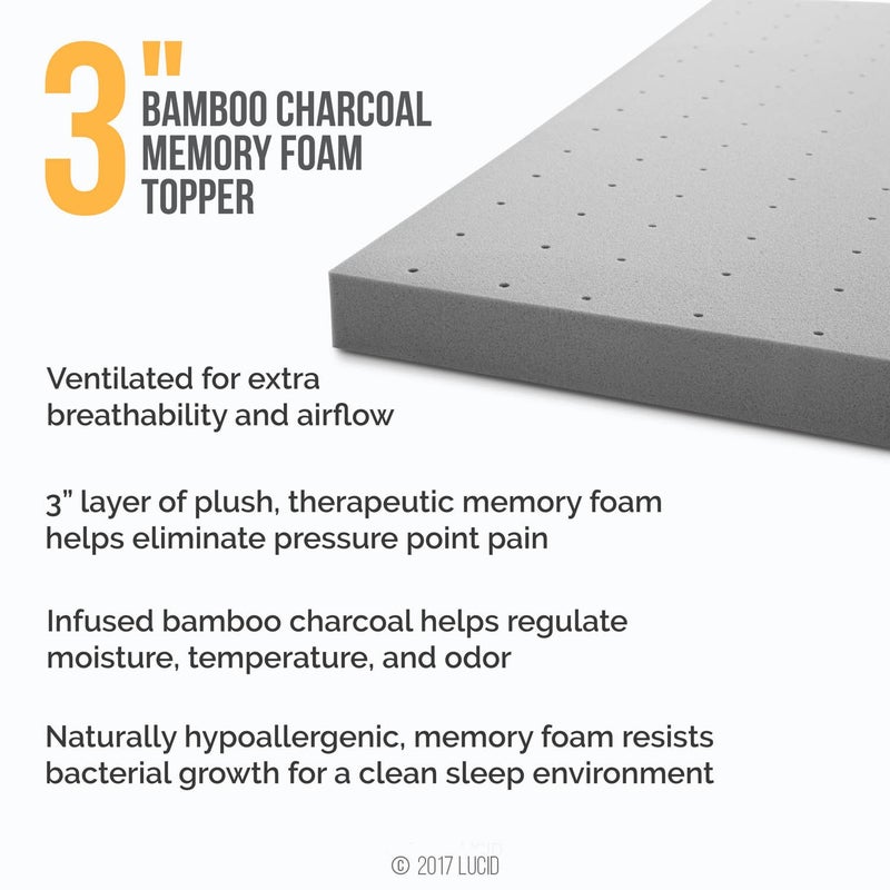 Lucid 3 Inch Ventilated Bamboo Charcoal Memory Foam Mattress Topper, CertiPUR-US Certified, Moisture and Odor Control-Twin - Image 2