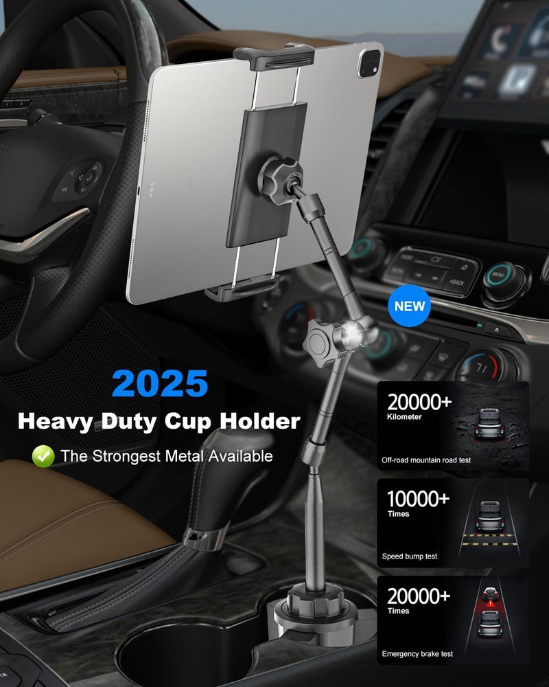 Kolasels Heavy Duty Metal Cup Holder Tablet Car Mount, One-Touch Adjustment Magic Arm Cup Holder Tablet Mount for Cars, SUVs, Trucks, Compatible with iPad Pro Air Mini, iPhone, Z Fold, 4-13" Devices - Image 2
