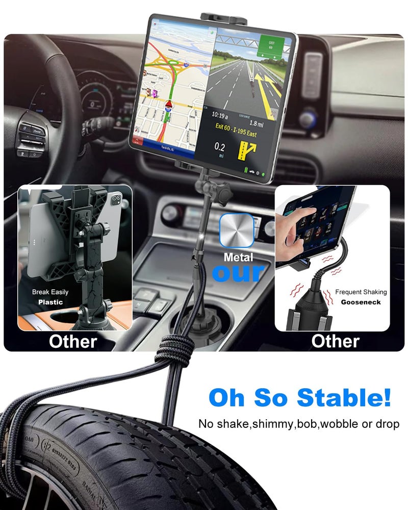 Kolasels Heavy Duty Metal Cup Holder Tablet Car Mount, One-Touch Adjustment Magic Arm Cup Holder Tablet Mount for Cars, SUVs, Trucks, Compatible with iPad Pro Air Mini, iPhone, Z Fold, 4-13" Devices - Image 4