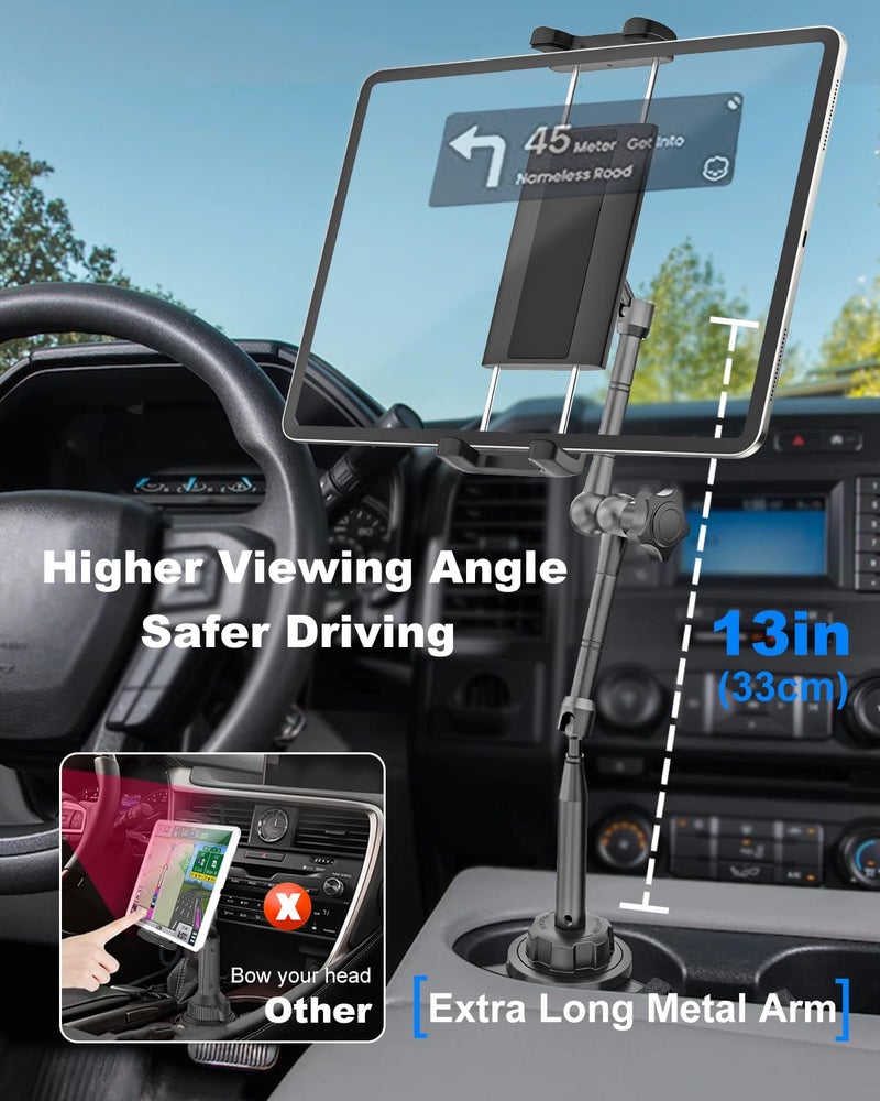Kolasels Heavy Duty Metal Cup Holder Tablet Car Mount, One-Touch Adjustment Magic Arm Cup Holder Tablet Mount for Cars, SUVs, Trucks, Compatible with iPad Pro Air Mini, iPhone, Z Fold, 4-13" Devices - Image 3