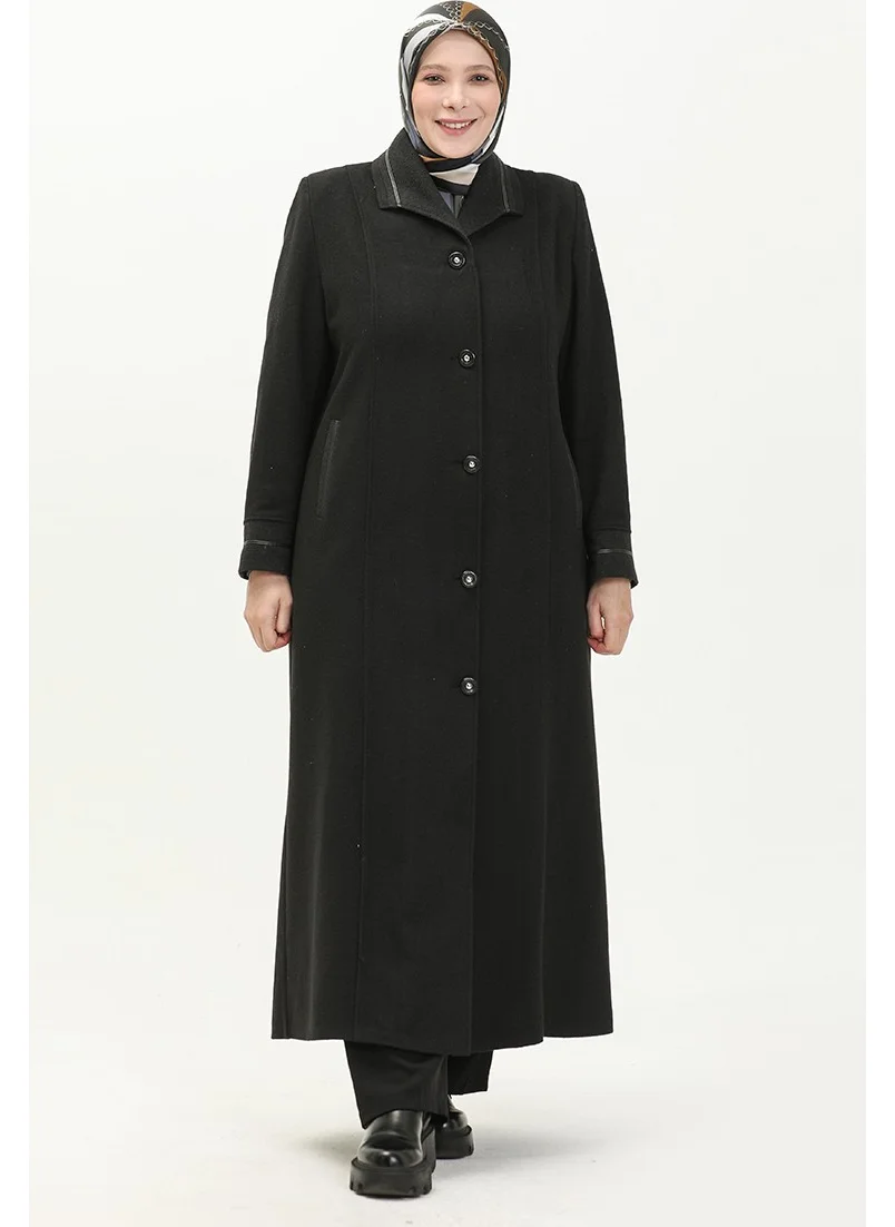 Sefa Merve Plus Size Buttoned Cashmere Coat 0329-01 Black