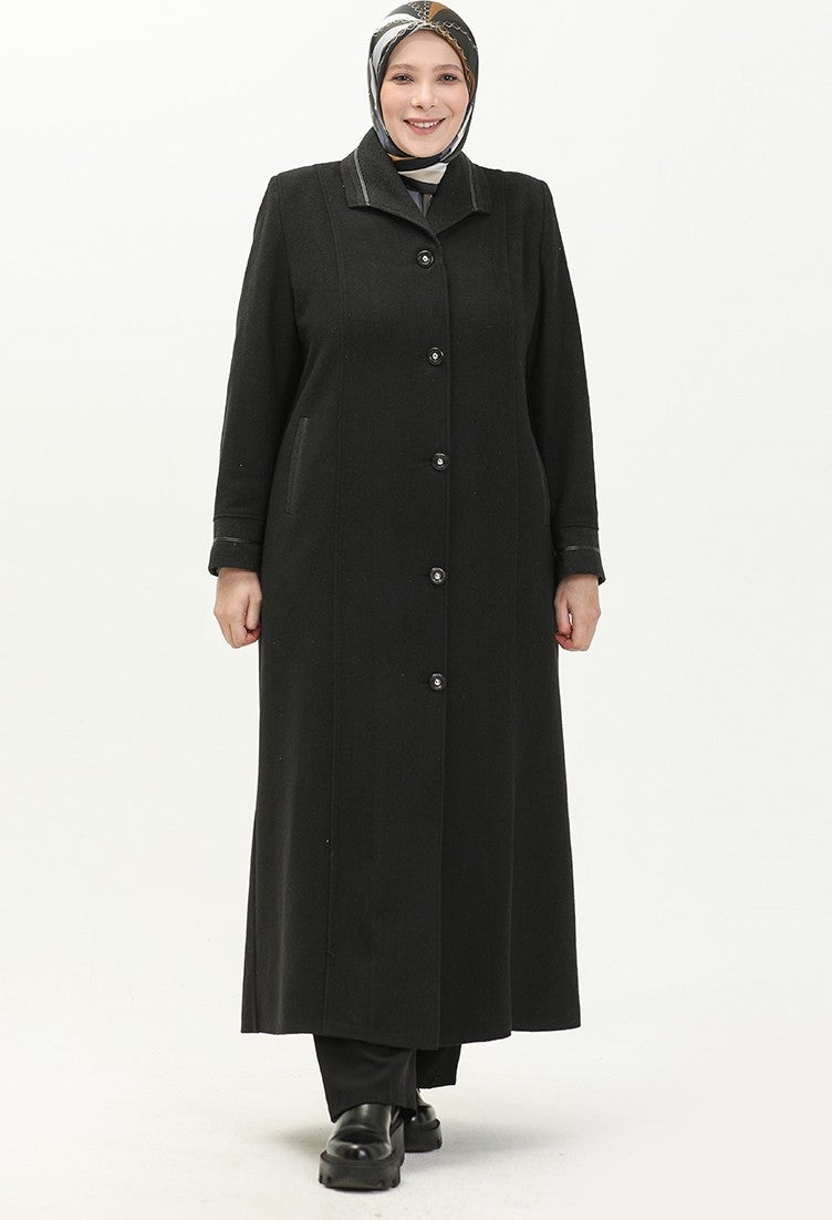 Sefa Merve Plus Size Buttoned Cashmere Coat 0329-01 Black  - Image 1