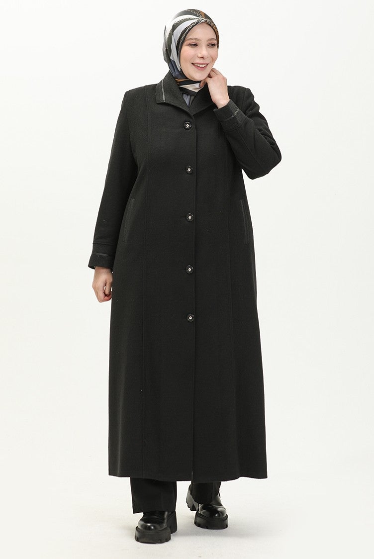 Sefa Merve Plus Size Buttoned Cashmere Coat 0329-01 Black  - Image 2