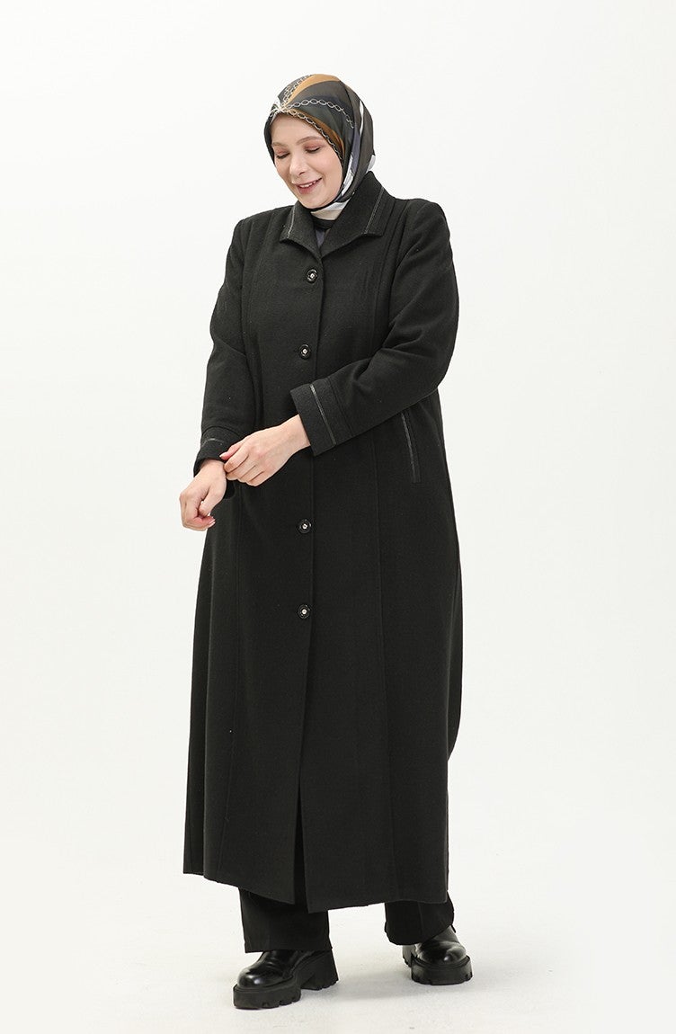 Sefa Merve Plus Size Buttoned Cashmere Coat 0329-01 Black  - Image 3