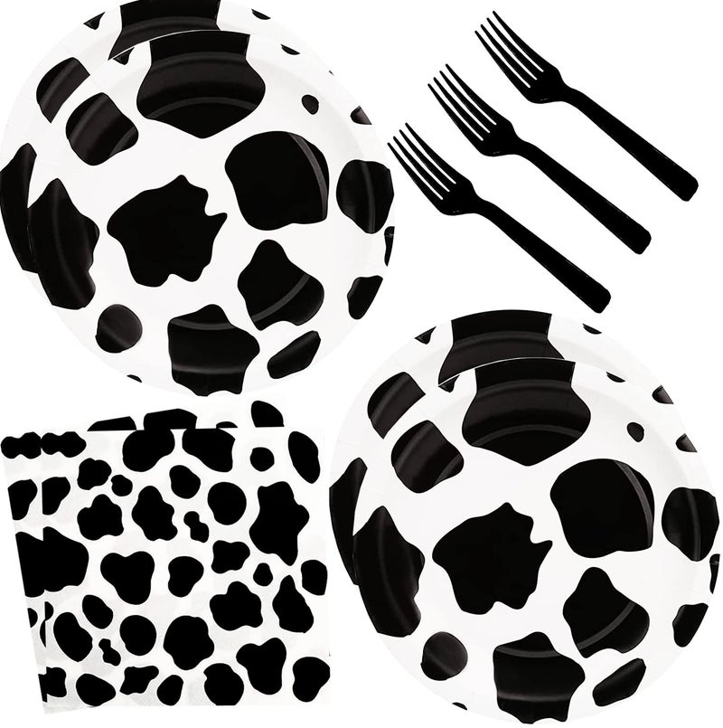 HSPAIDYP 60pcs Cow Print Party Supplies Cow Themed Tableware Set with 7 Paper Plates Napkins Forks for Kids Birthday Party Serves 20 - Image 2