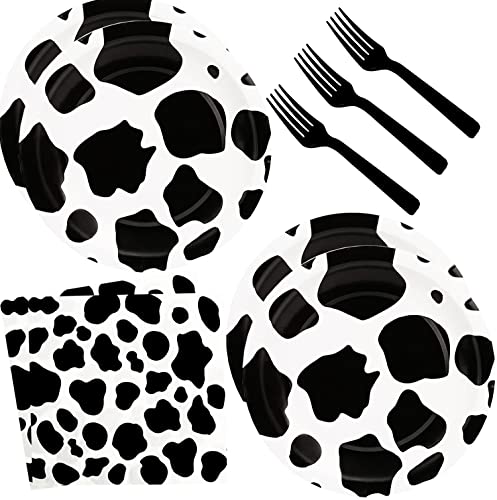 HSPAIDYP 60pcs Cow Print Party Supplies Cow Themed Tableware Set with 7 Paper Plates Napkins Forks for Kids Birthday Party Serves 20 - Image 1