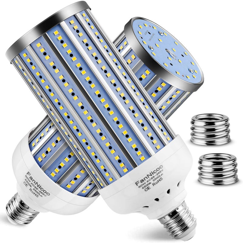 FanNicoo 2 Pack 500W Equivalent LED Corn Light Bulb 5500 Lumen 6500K 60W Large Area Cool Daylight White E26E27 Medium Base for Outdoor Indoor Garage Warehouse Factory Workshop Street Backyard - Image 2