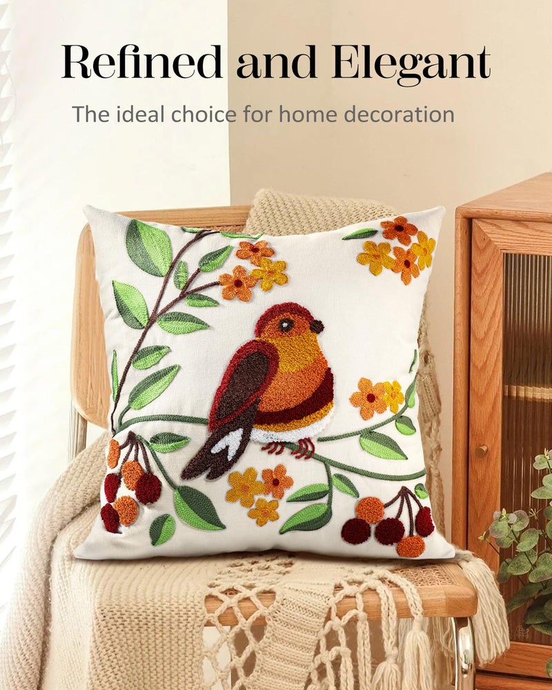 Kokaaee Embroidered Throw Pillow Cover - 18x18 Decorative Pillow Cover with Zipper Aesthetic Cute Design Boho Spring Summer Throw Pillowcase for Living Room Couch Sofa Bed, Tree Bird - Image 5