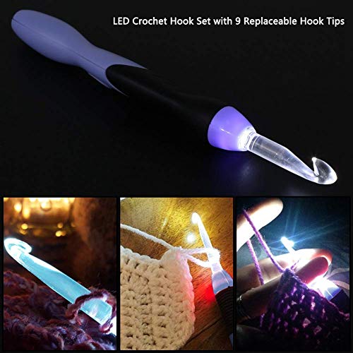 Hilitand Lighted Crochet Hooks Set, Knitting Tools with 9 Replacement Heads (2.5-6.5mm) USB Charging (Handle + Black Bag) - Image 3