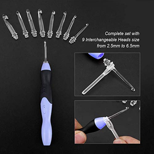 Hilitand Lighted Crochet Hooks Set, Knitting Tools with 9 Replacement Heads (2.5-6.5mm) USB Charging (Handle + Black Bag) - Image 4