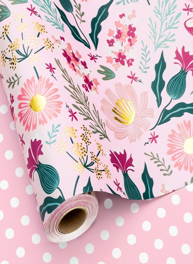 Flyhill Reversible Floral Wrapping Paper Roll,Shiny Gold Foil Flower,Pink Polka Dot Perfect for Girls,Mother's Day,Spring,Wedding,Bridal Shower,Birthday(17 IN x 32.8 FT - Image 1