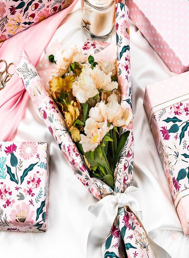 Flyhill Reversible Floral Wrapping Paper Roll,Shiny Gold Foil Flower,Pink Polka Dot Perfect for Girls,Mother's Day,Spring,Wedding,Bridal Shower,Birthday(17 IN x 32.8 FT - Image 4