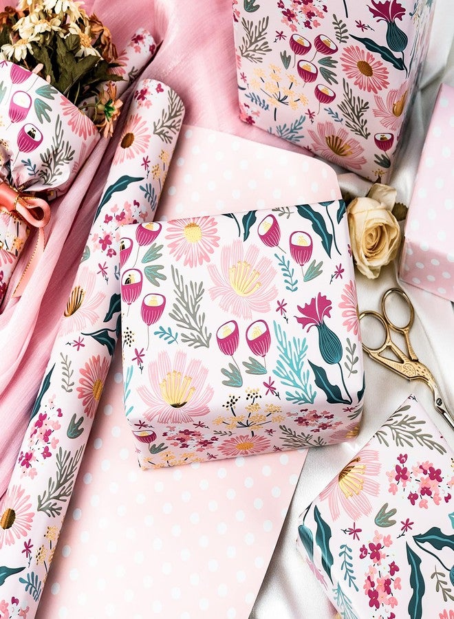 Flyhill Reversible Floral Wrapping Paper Roll,Shiny Gold Foil Flower,Pink Polka Dot Perfect for Girls,Mother's Day,Spring,Wedding,Bridal Shower,Birthday(17 IN x 32.8 FT - Image 5