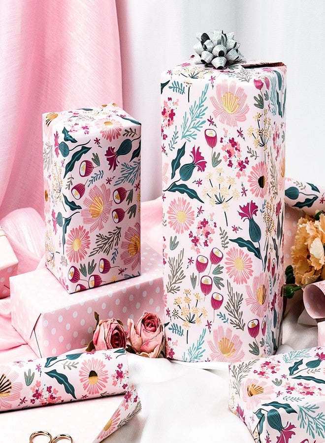 Flyhill Reversible Floral Wrapping Paper Roll,Shiny Gold Foil Flower,Pink Polka Dot Perfect for Girls,Mother's Day,Spring,Wedding,Bridal Shower,Birthday(17 IN x 32.8 FT - Image 2