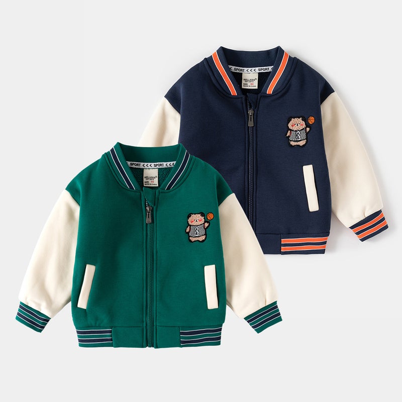 2024 Autumn Winter Boys Zipper Jacket Cartoon Baseball Sweatshirt Green  - Image 2