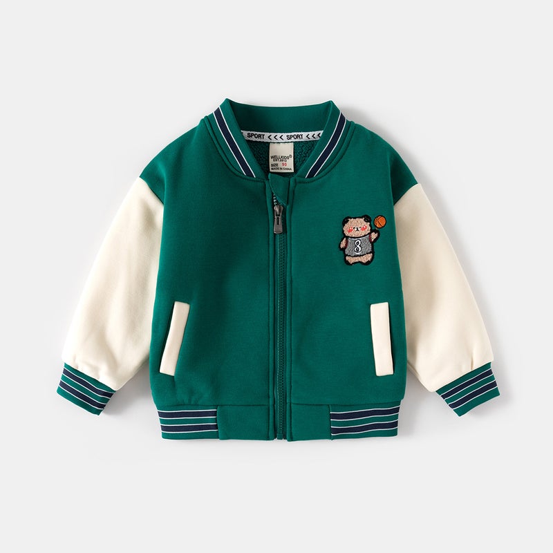 2024 Autumn Winter Boys Zipper Jacket Cartoon Baseball Sweatshirt Green  - Image 1