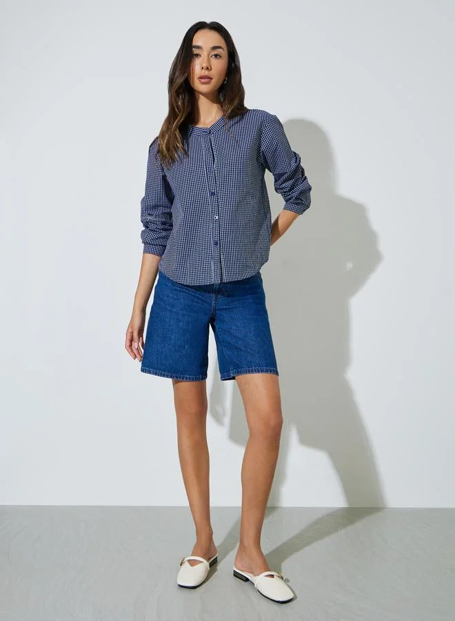 Styli Navy Blue Checkered Long Sleeve Blouse