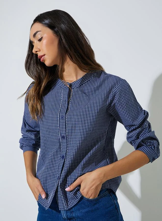 Styli Navy Blue Checkered Long Sleeve Blouse