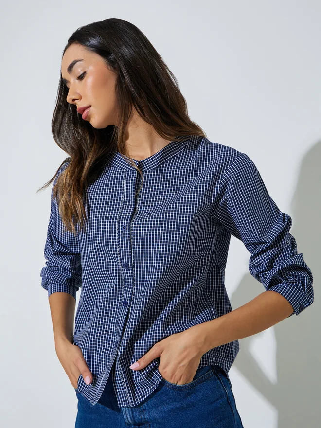 Styli Styli Navy Blue Checkered Long Sleeve Blouse