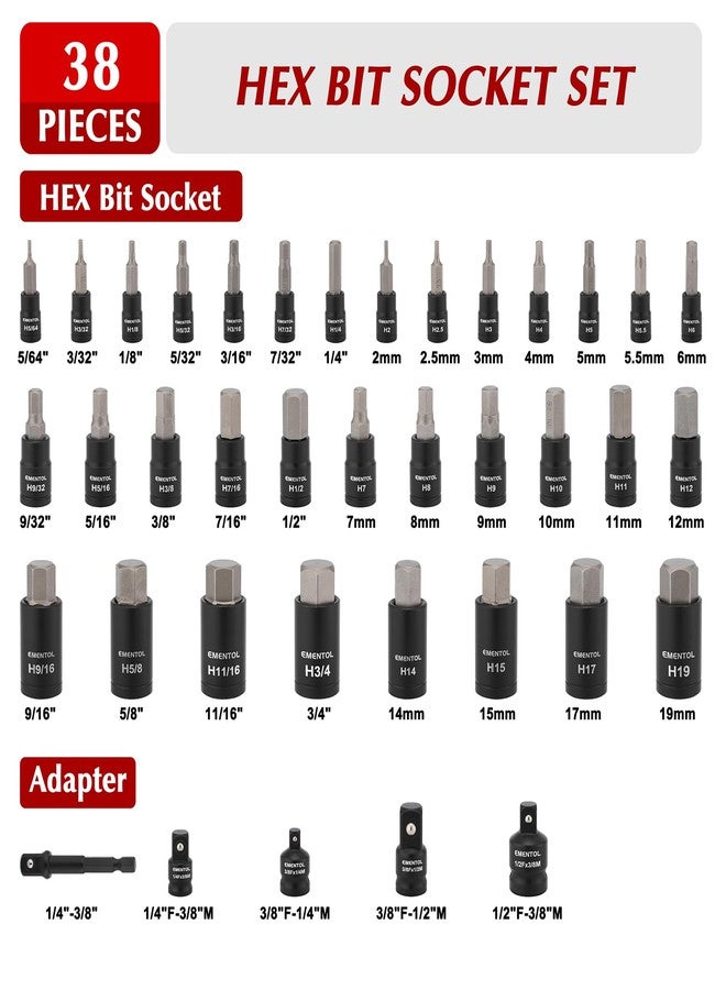 EMENTOL 38PCS 1/4" 3/8" 1/2" Drive Allen Hex Bit Socket Set, SAE/Metric, Includes Power Drill Adapter, Socket Adapters, 2mm - 19mm, 5/64" - 3/4" - Image 3