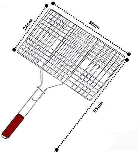 RHYDON RHYDON Stainless Steel Portable Barbecue BBQ Grill Fish Net Basket Roast Grilling with Wooden Handle for Camping Outdoor Silver  - Image 3