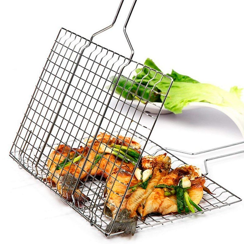 RHYDON RHYDON Stainless Steel Portable Barbecue BBQ Grill Fish Net Basket Roast Grilling with Wooden Handle for Camping Outdoor Silver  - Image 2