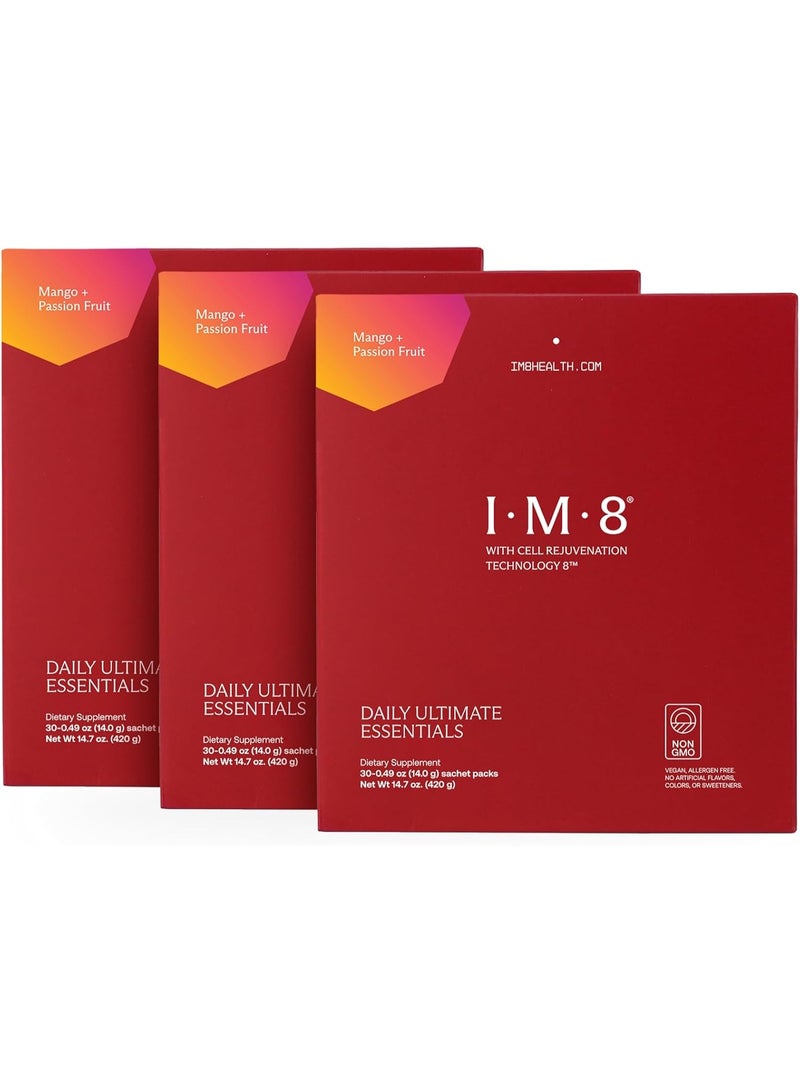 IM8 Daily Ultimate Essentials All-in-One Multivitamin Supplement, 92 Nutrient Rich Ingredients CoQ10, Probiotics, Vitamins, Greens, Gluten Free, Vegan (90 Packets, Mango & Passion Fruit) - Image 1