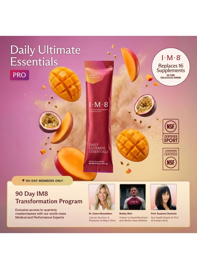 IM8 Daily Ultimate Essentials All-in-One Multivitamin Supplement, 92 Nutrient Rich Ingredients CoQ10, Probiotics, Vitamins, Greens, Gluten Free, Vegan (90 Packets, Mango & Passion Fruit) - Image 2