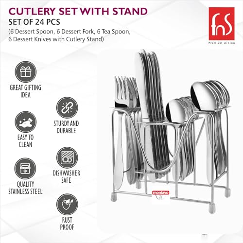 FNS Montavo by FnS Orchid 24 Pcs Cutlery Set with Stand (6 Dinner Knife/Butter Knife, 6 Dinner Spoons, 6 Dinner Fork and 6 Table Spoons) - Image 4