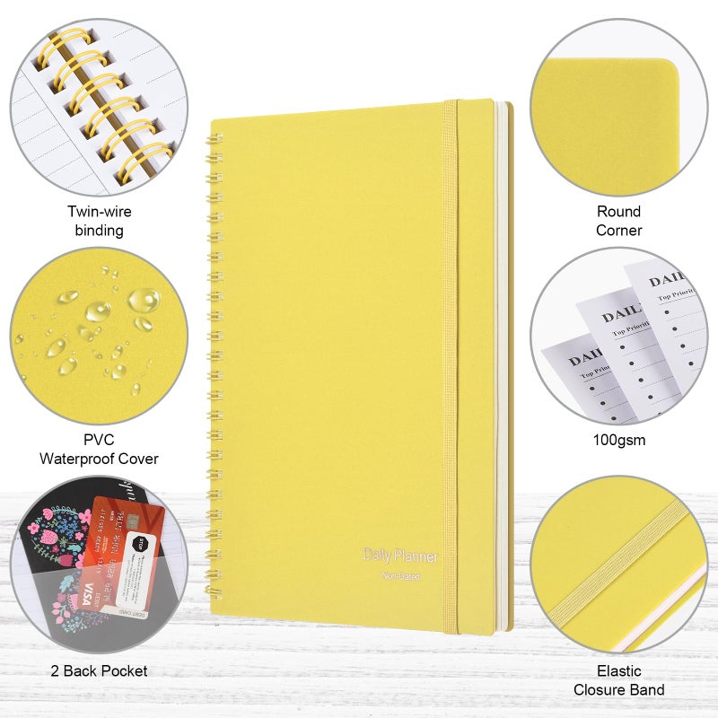Asten Daily Planner Undated - To Do List Notebook With Hourly Schedules and Spiral Appointment Book for Men and Women, ADHD Work Planner With Inner Pocket 8.3"x 5.8" (Yellow) - Image 4