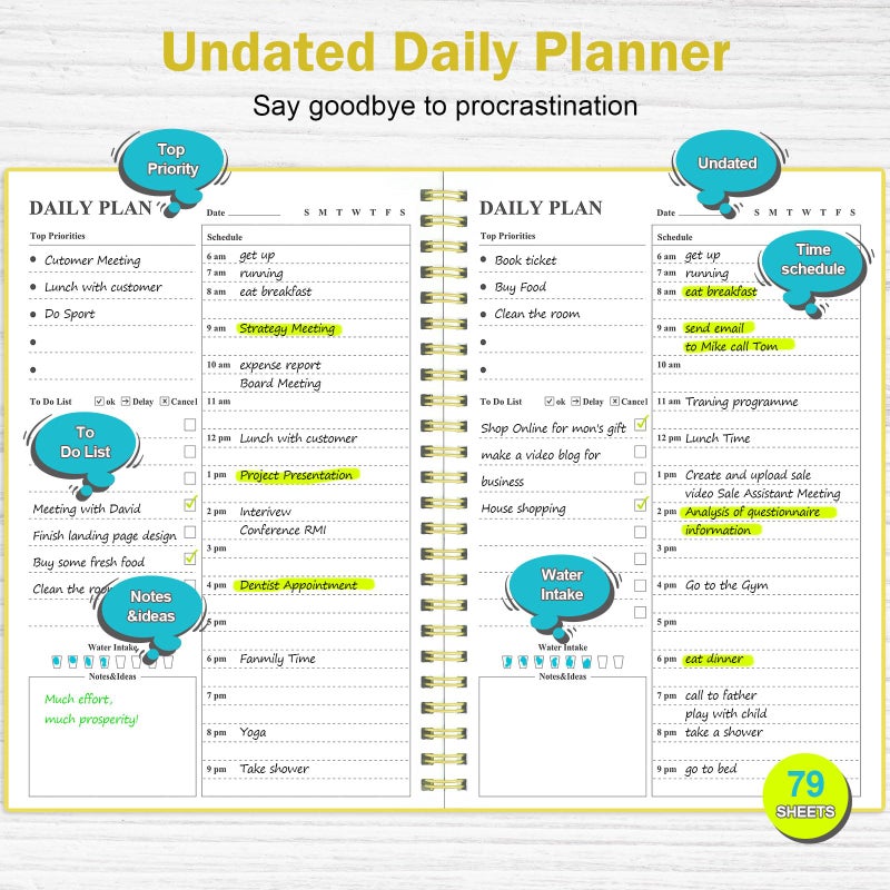Asten Daily Planner Undated - To Do List Notebook With Hourly Schedules and Spiral Appointment Book for Men and Women, ADHD Work Planner With Inner Pocket 8.3"x 5.8" (Yellow) - Image 2