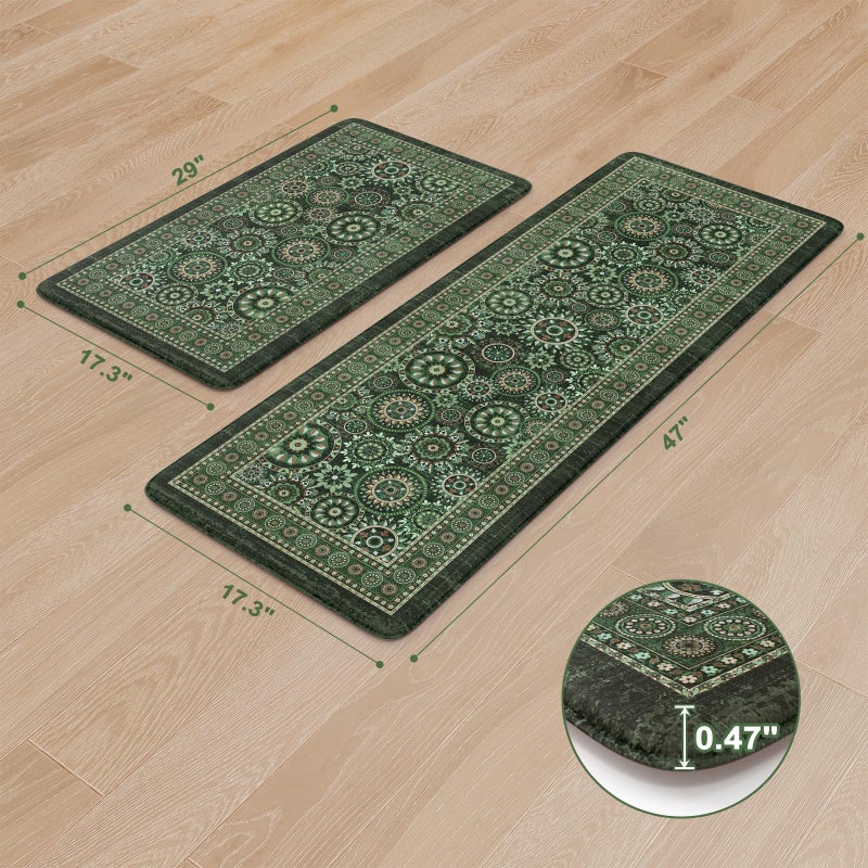 KIMODE Anti Fatigue Kitchen Mats for Floor 2 Piece Cushioned Boho Kitchen Rugs Memory Foam Kitchen Floor Mats Standing Desk Mats for Laundry Office Sink Green 17"x47"+17"x29" - Image 3